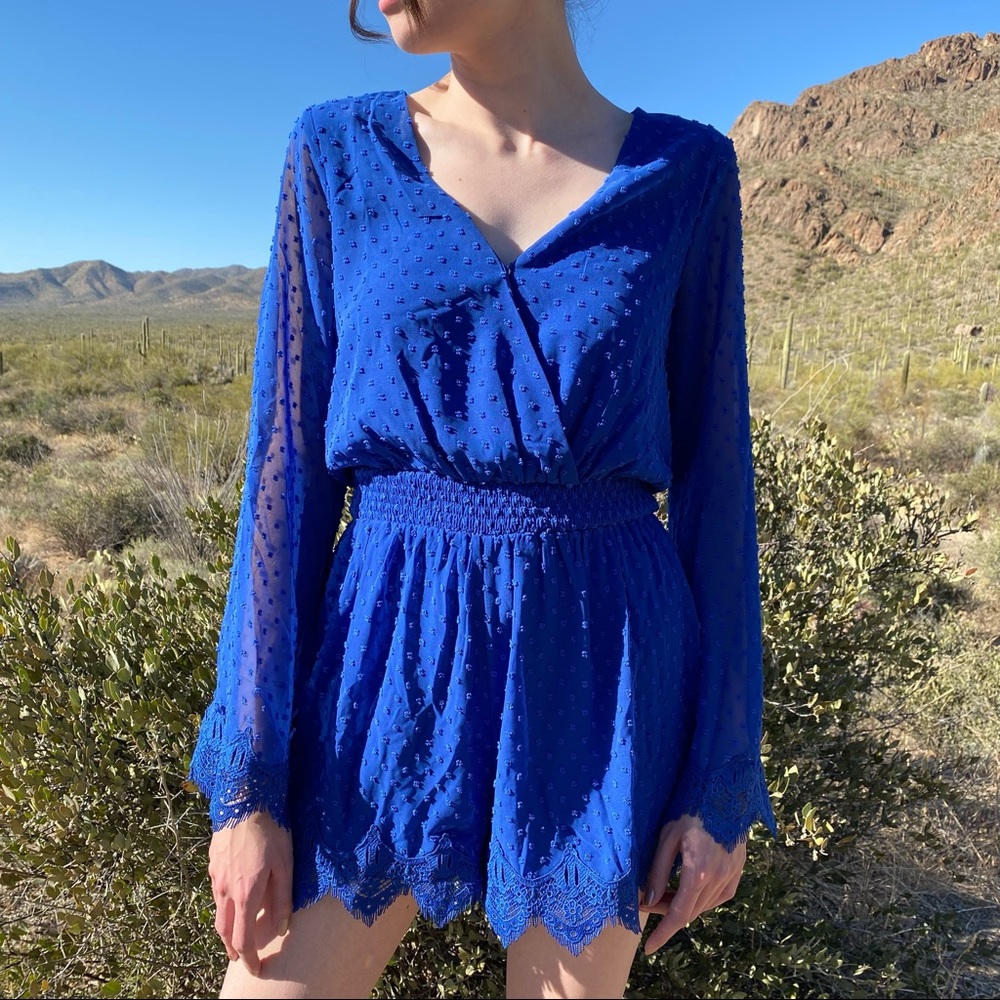 LULU’S | Romper | Size S | Cobalt Blue | Wide Sleeves, Lace Details